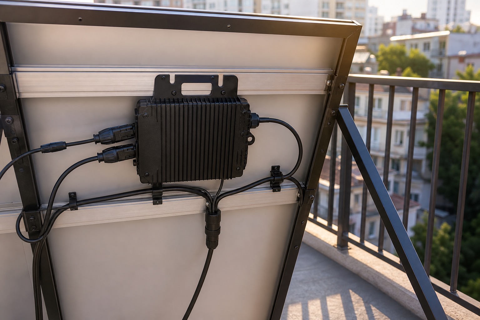 Lifelike black microinverter mounted behind a balcony solar panel with tidy weather-rated cable routing.