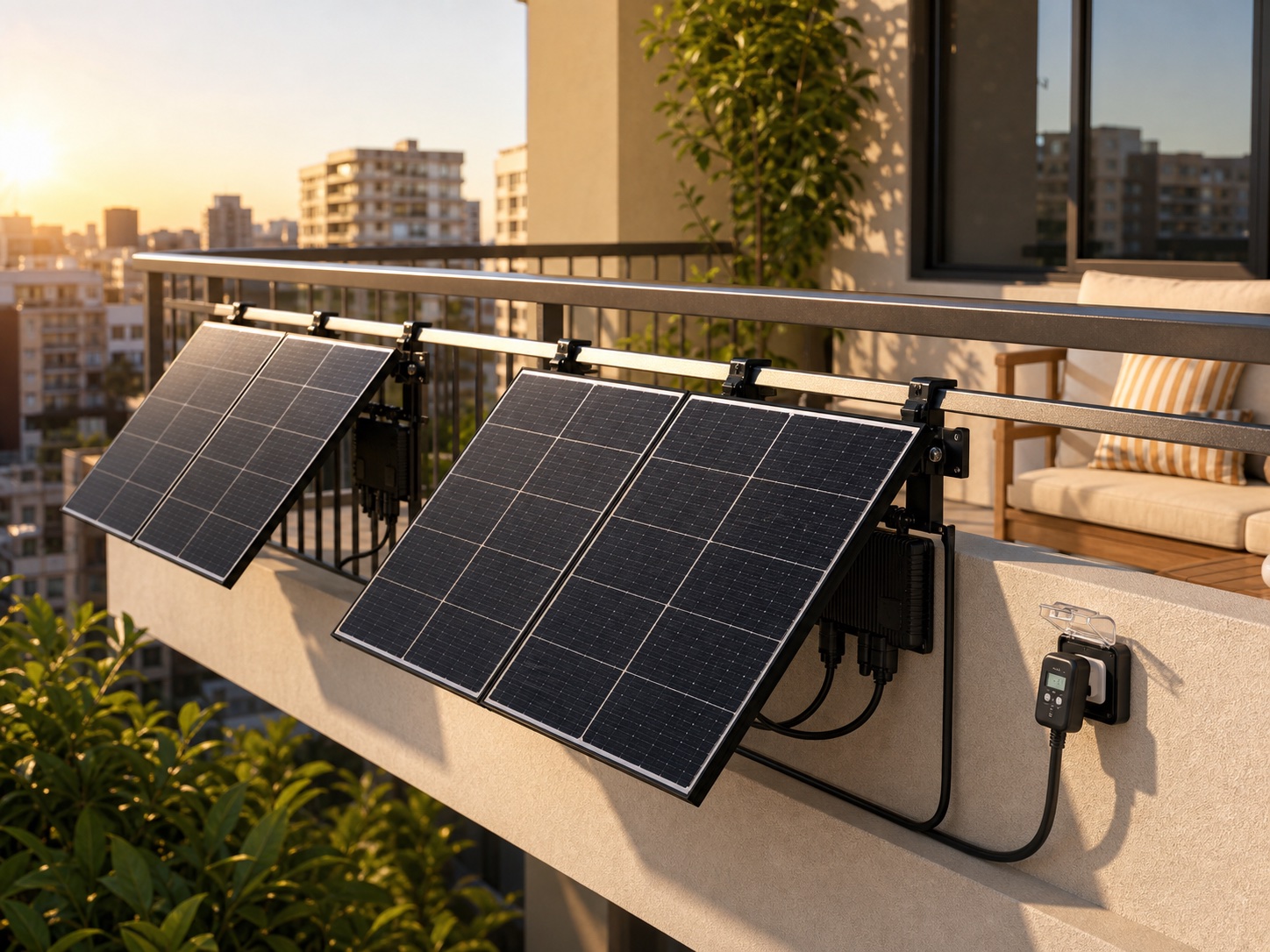 Lifelike balcony plug-in solar kit with multiple rail-mounted panels, microinverters, tidy cable routing, and a power meter.