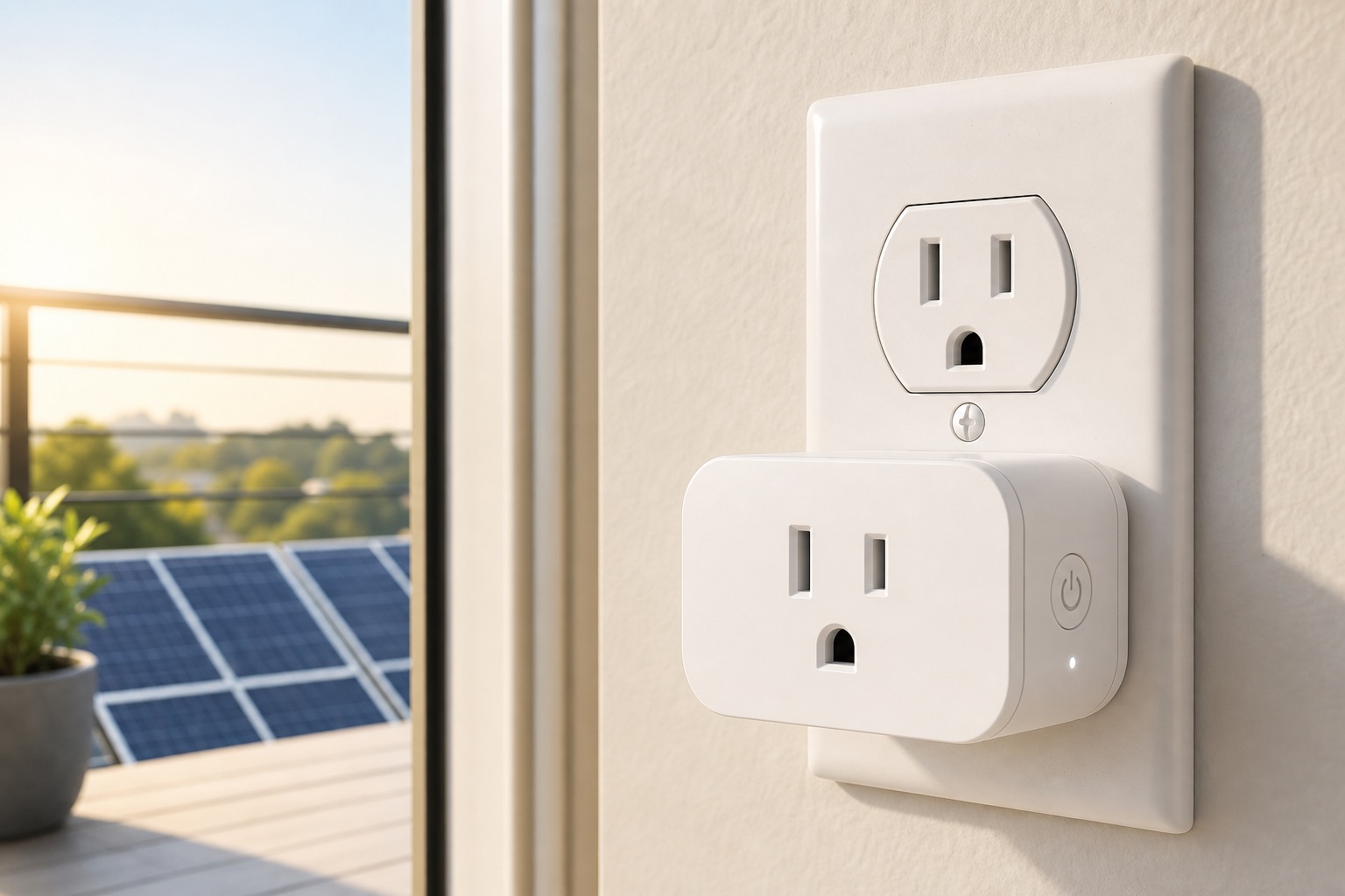 Lifelike compact white smart plug in an indoor outlet beside a balcony door with solar panels visible outside.